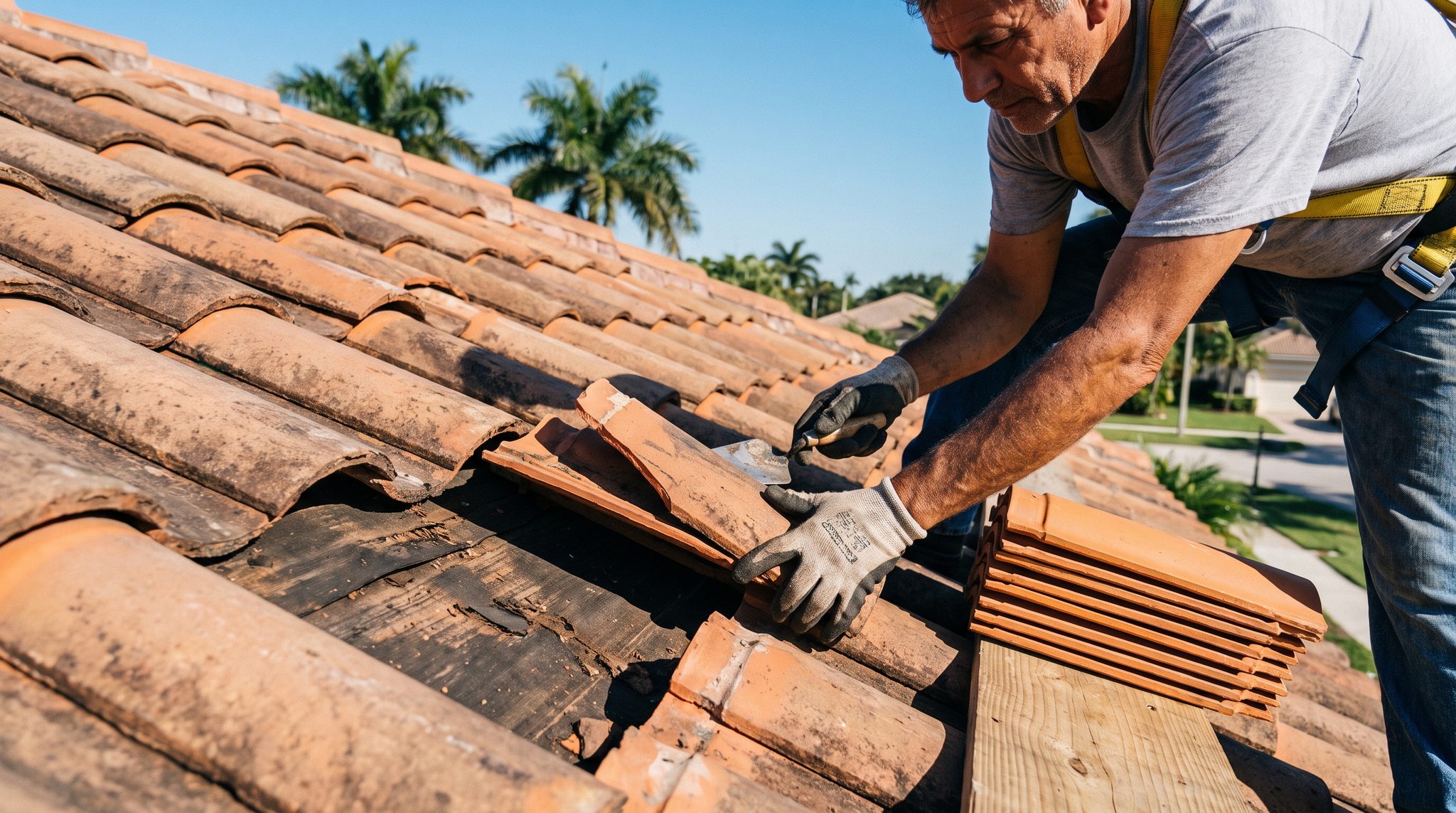 Tile roof repair underway on a terracotta barrel tile roof on a South Florida home