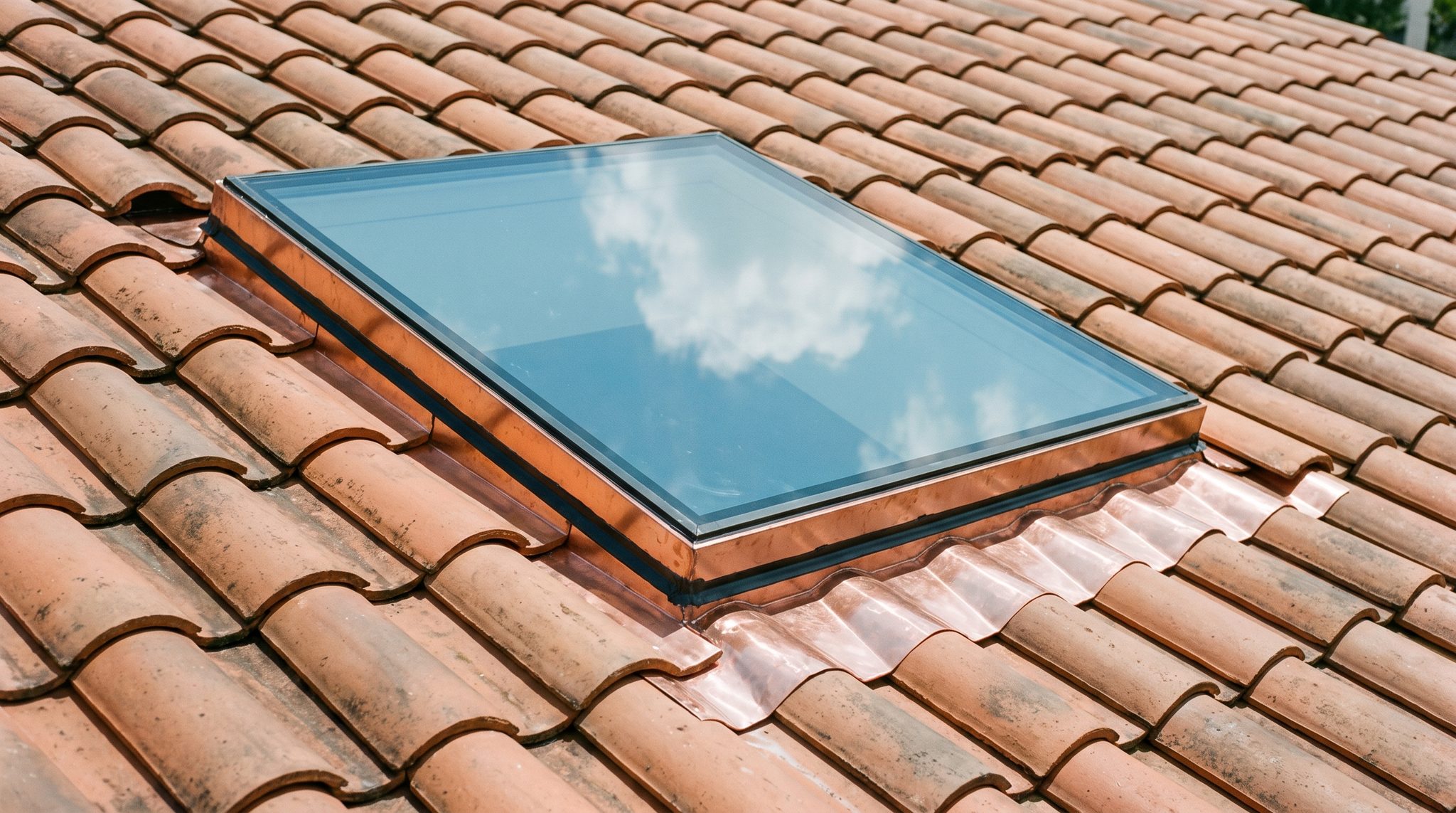 Skylight installed on a South Florida roof slope with new flashing around the curb
