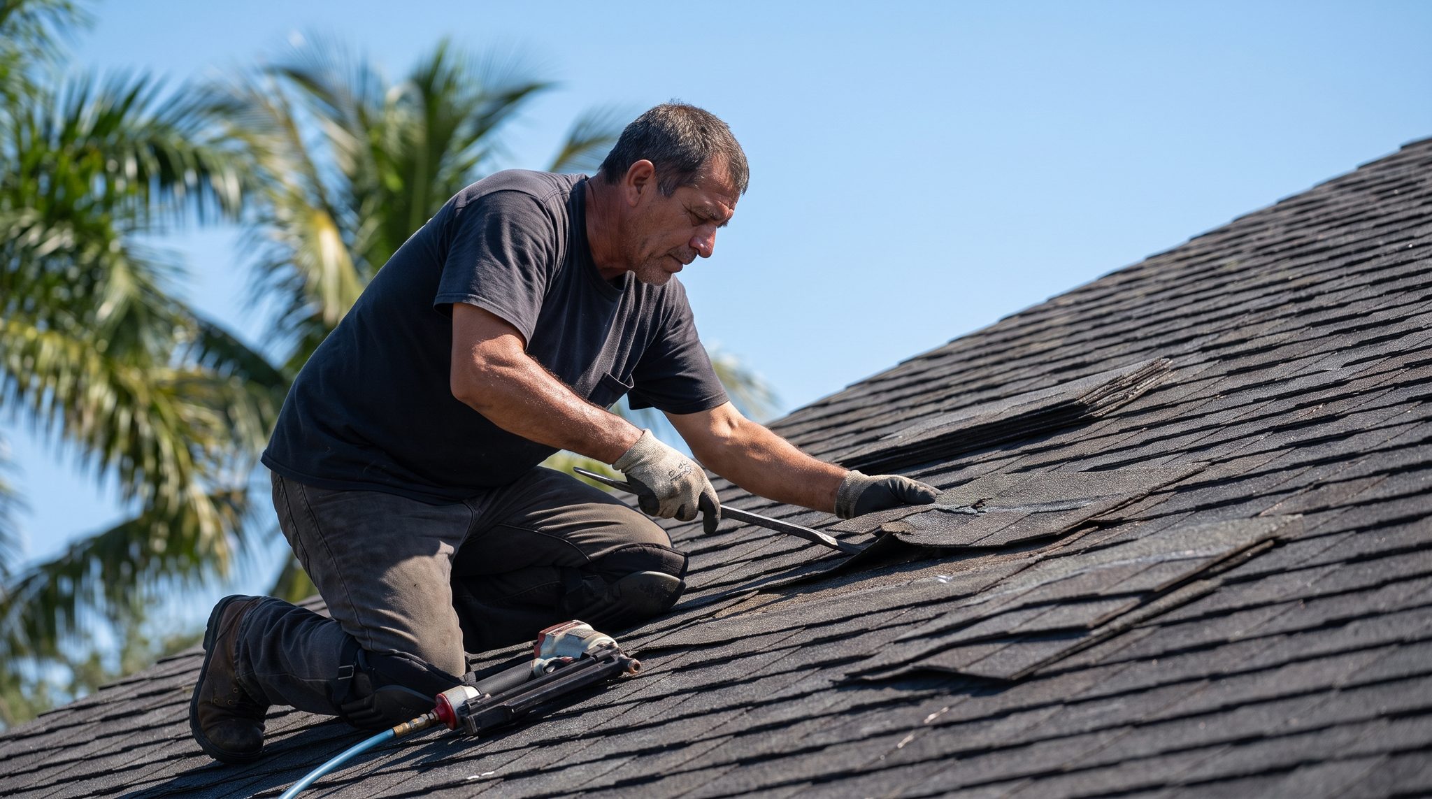 Roofer performing shingle roof repair on an architectural shingle slope in South Florida