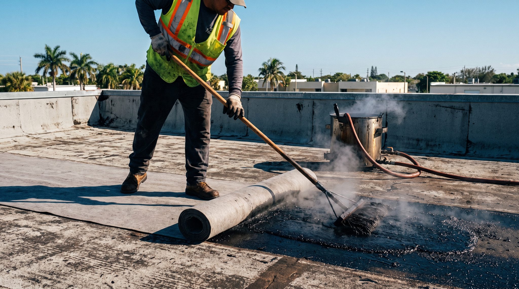 Roofer mopping hot asphalt onto a low-slope deck during a built-up hot mop roofing installation
