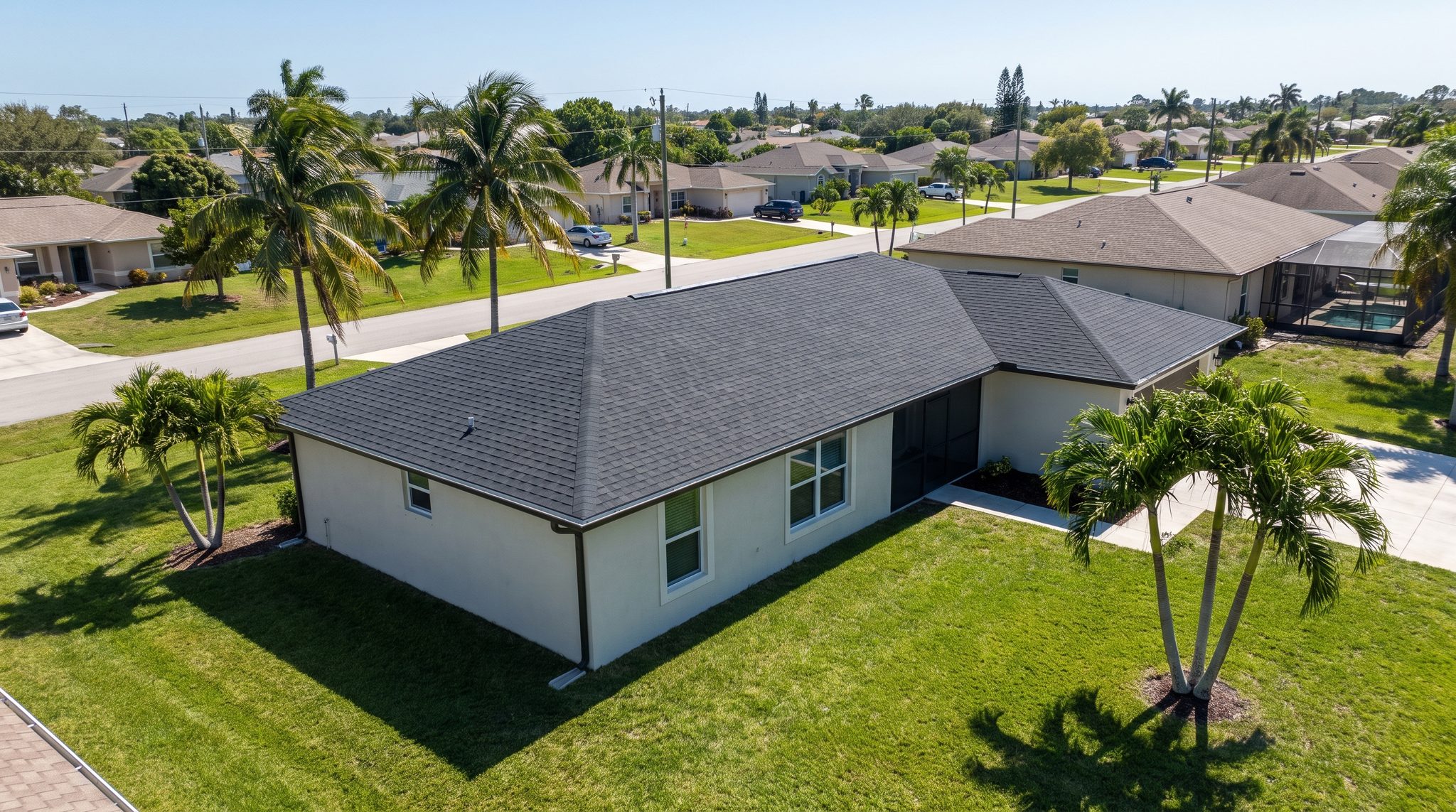 Aerial view of a completed architectural asphalt shingle roof
