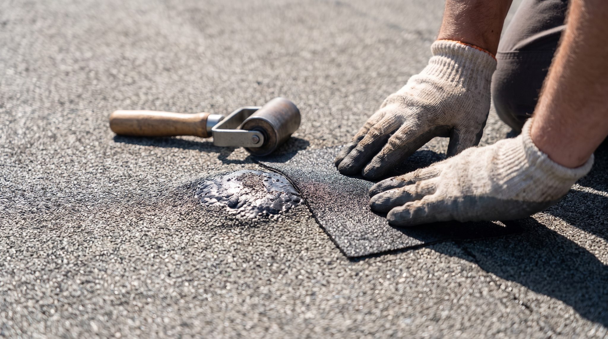 Detail of a heat-welded membrane seam being repaired on a low-slope roof
