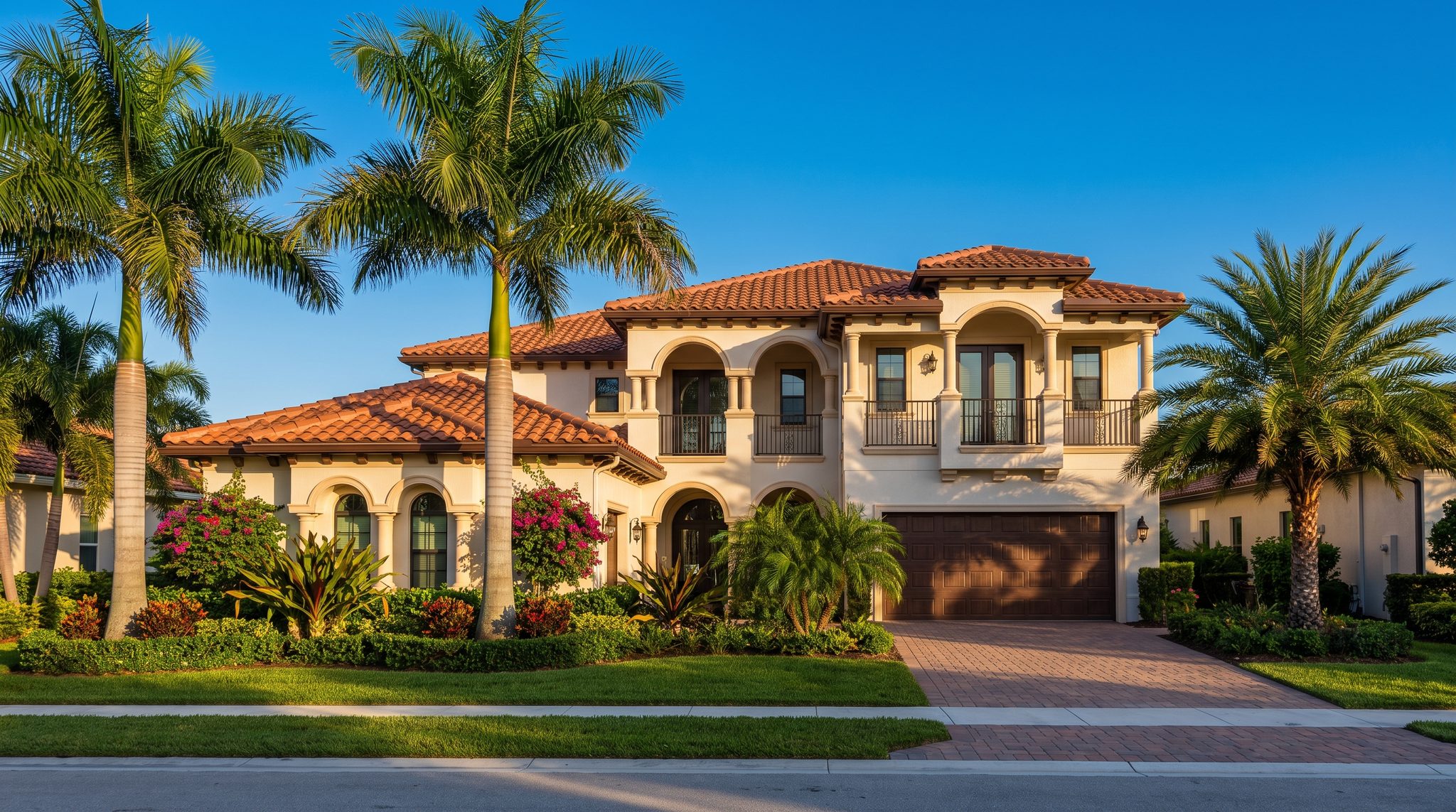 Street-level view of a finished clay barrel tile roof on a stucco home
