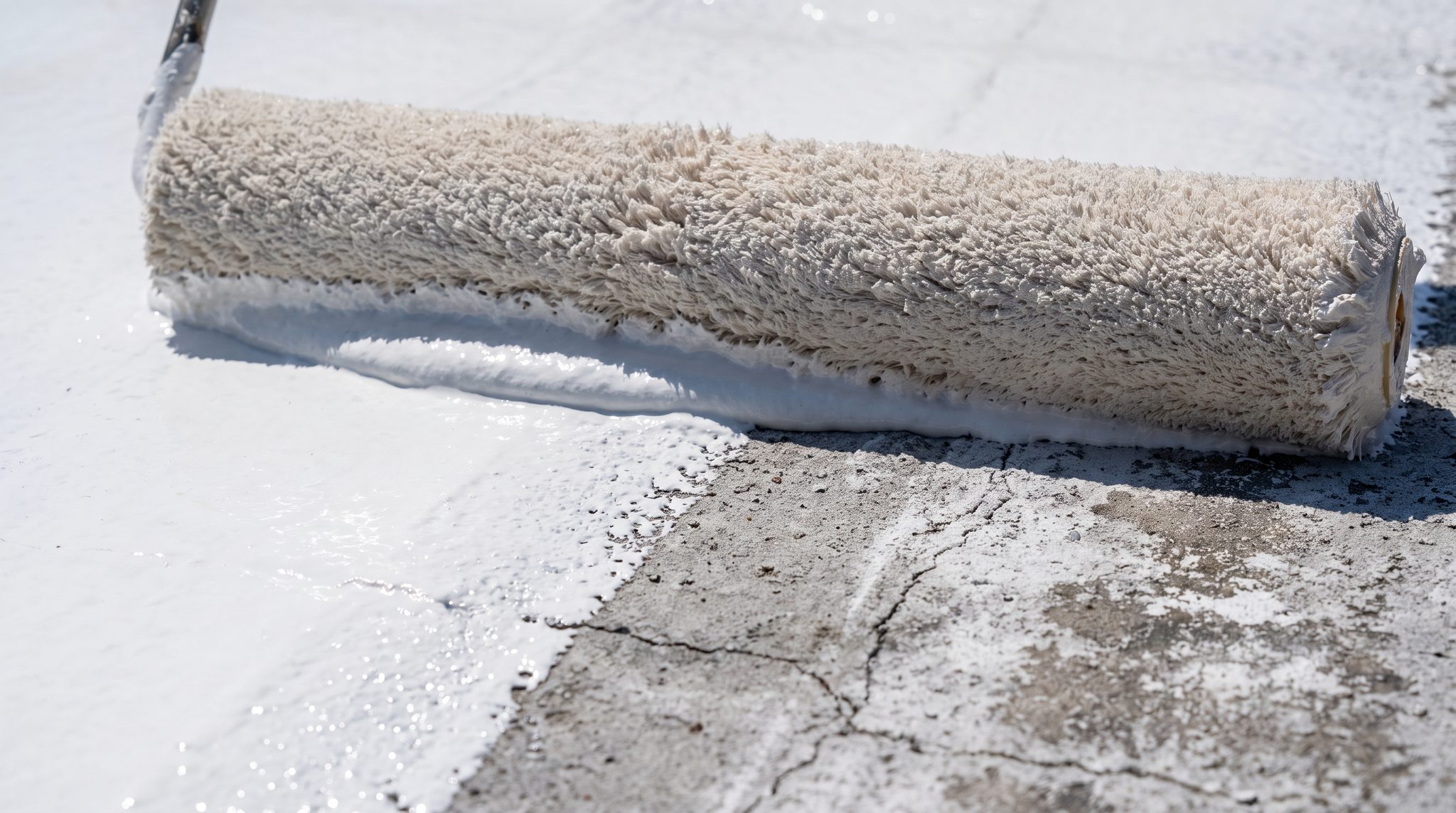 Close-up of a coating roller applying white reflective membrane over a prepared roof surface