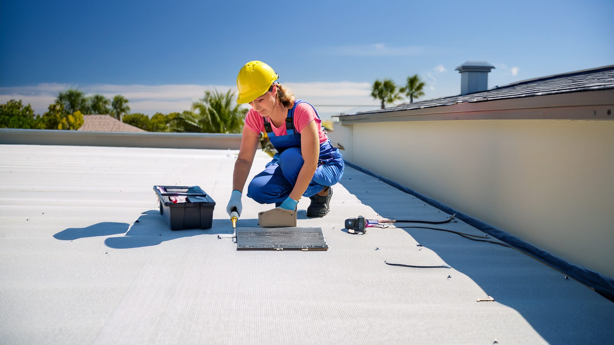 Flat roof repair being carried out on a low-slope membrane roof in South Florida