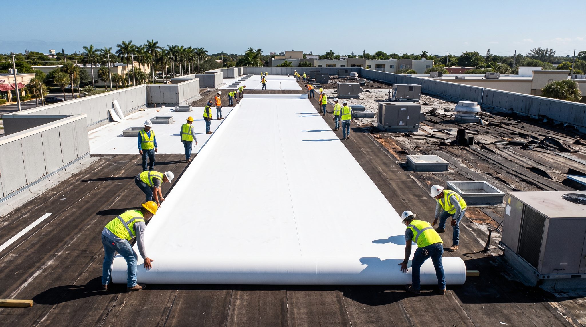 Workers rolling out new single-ply membrane during a flat re-roof on a low-slope commercial deck