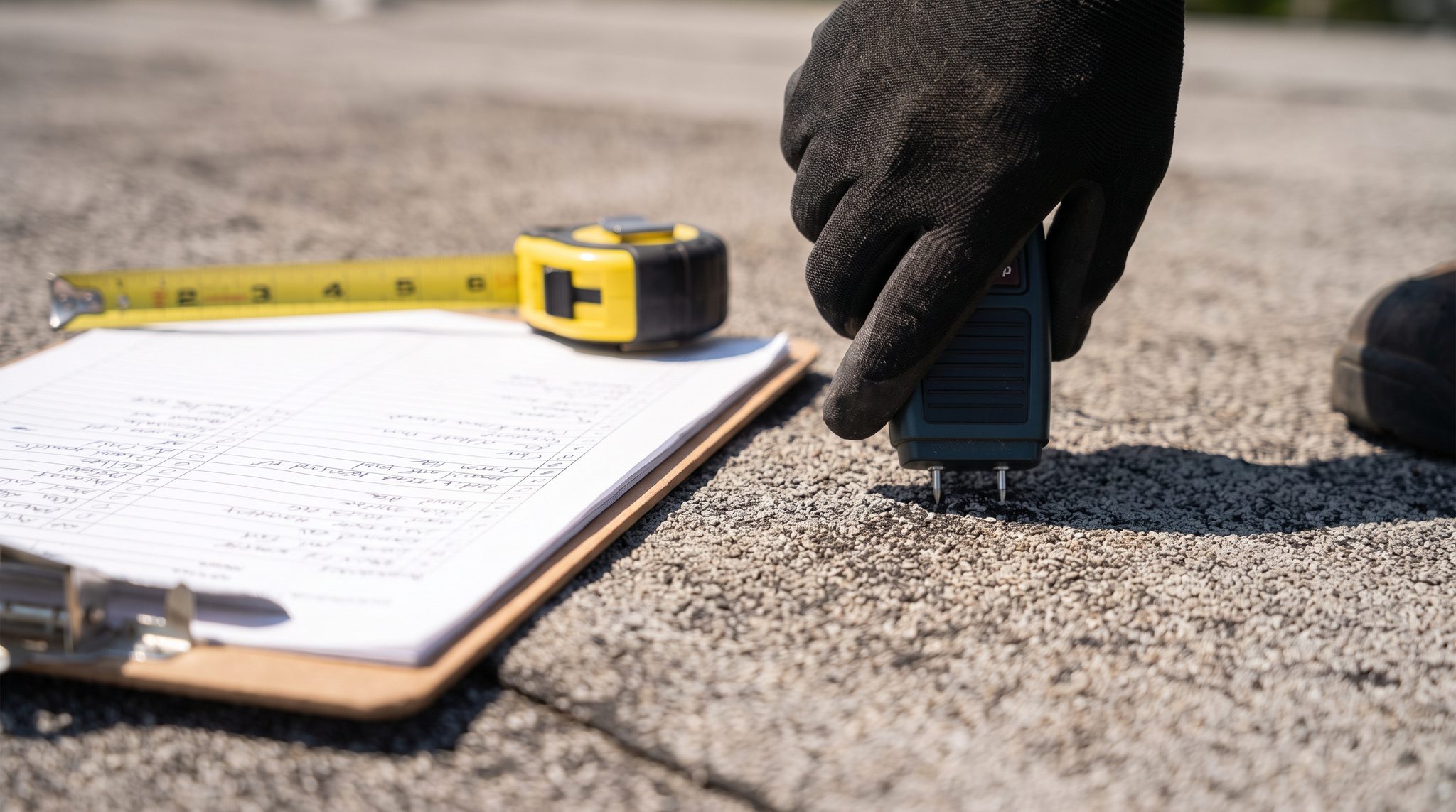 Inspector documenting flashing and underlayment condition with a camera on a South Florida roof