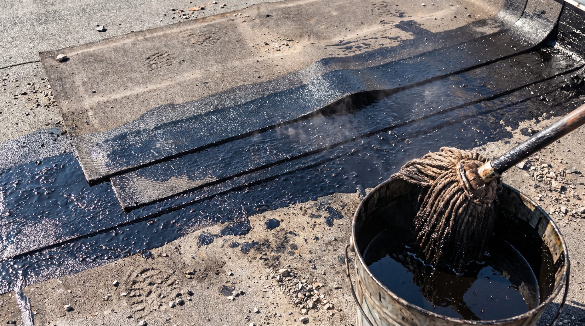 Layers of felt ply being embedded in hot asphalt to form a built-up roof membrane