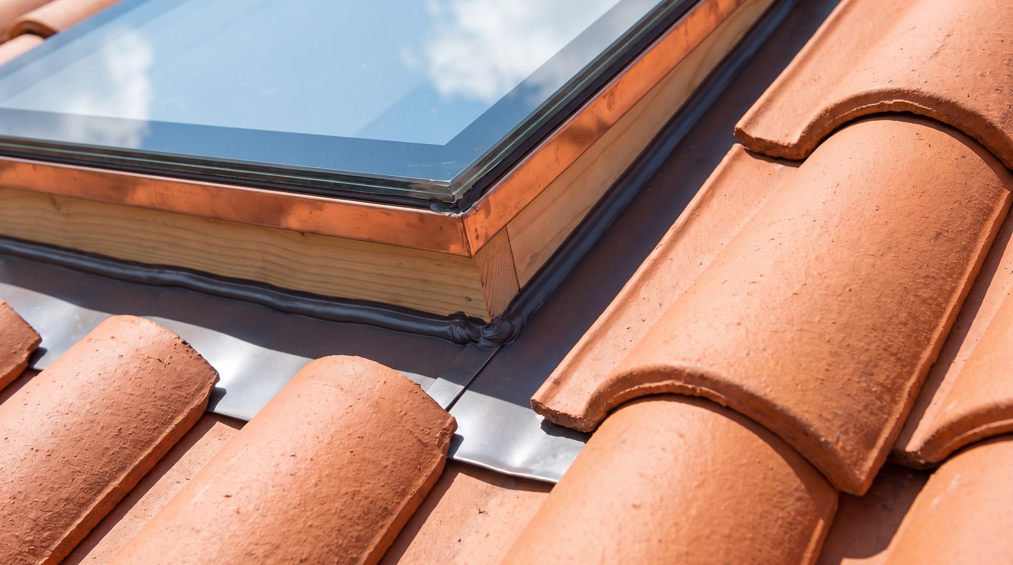 Step flashing and counter-flashing detail being installed around a skylight curb