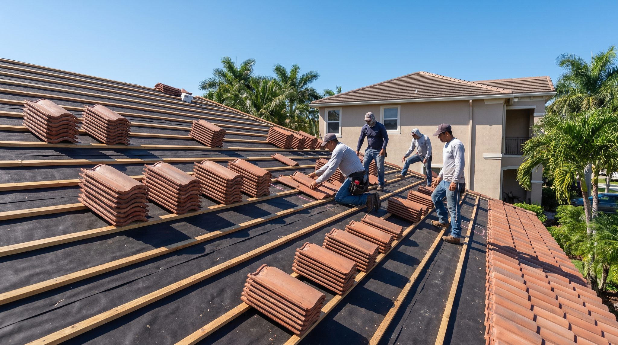 Barrel tile being set in courses during a tile re-roof on a South Florida home