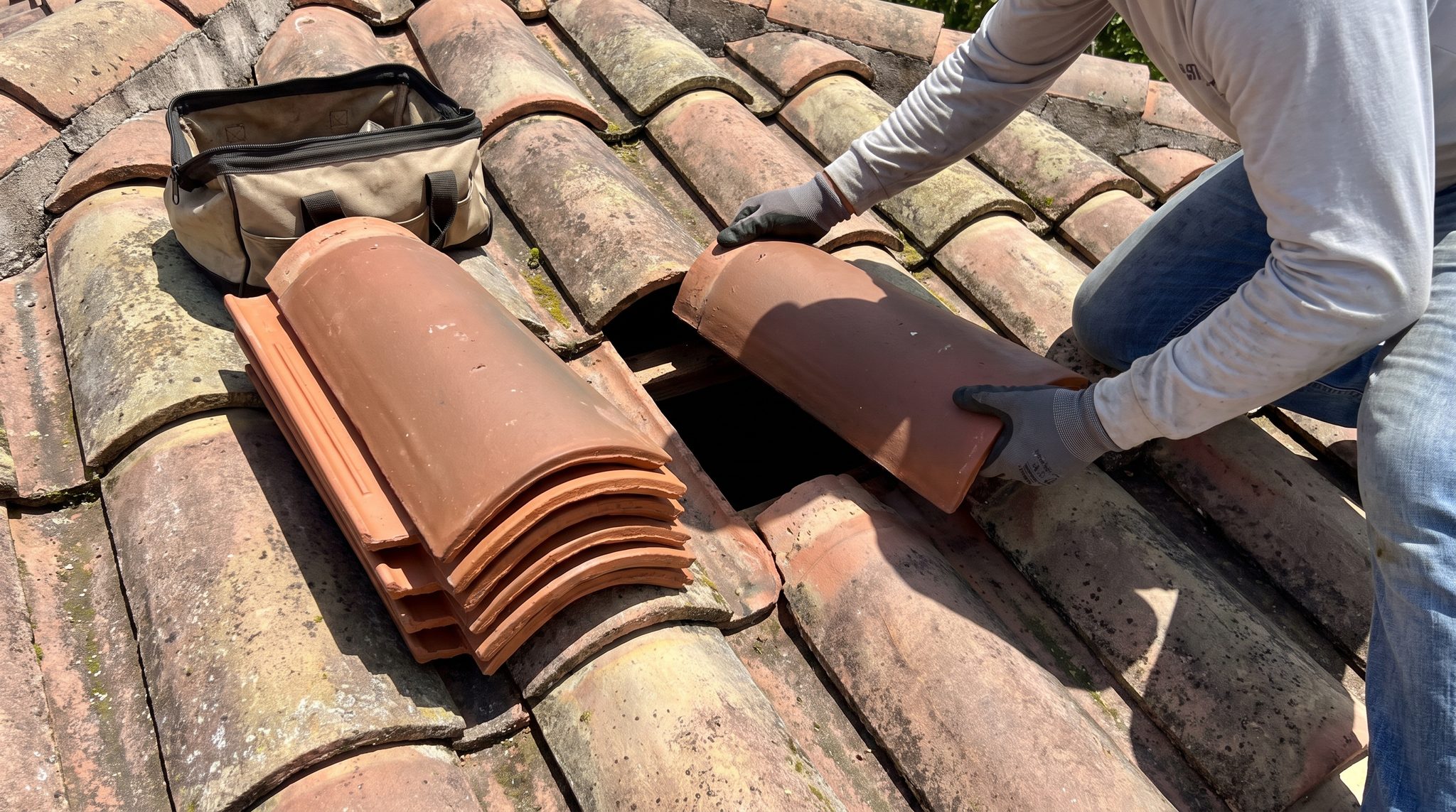 Roof tile replacement underway with new barrel tiles being set on a South Florida roof