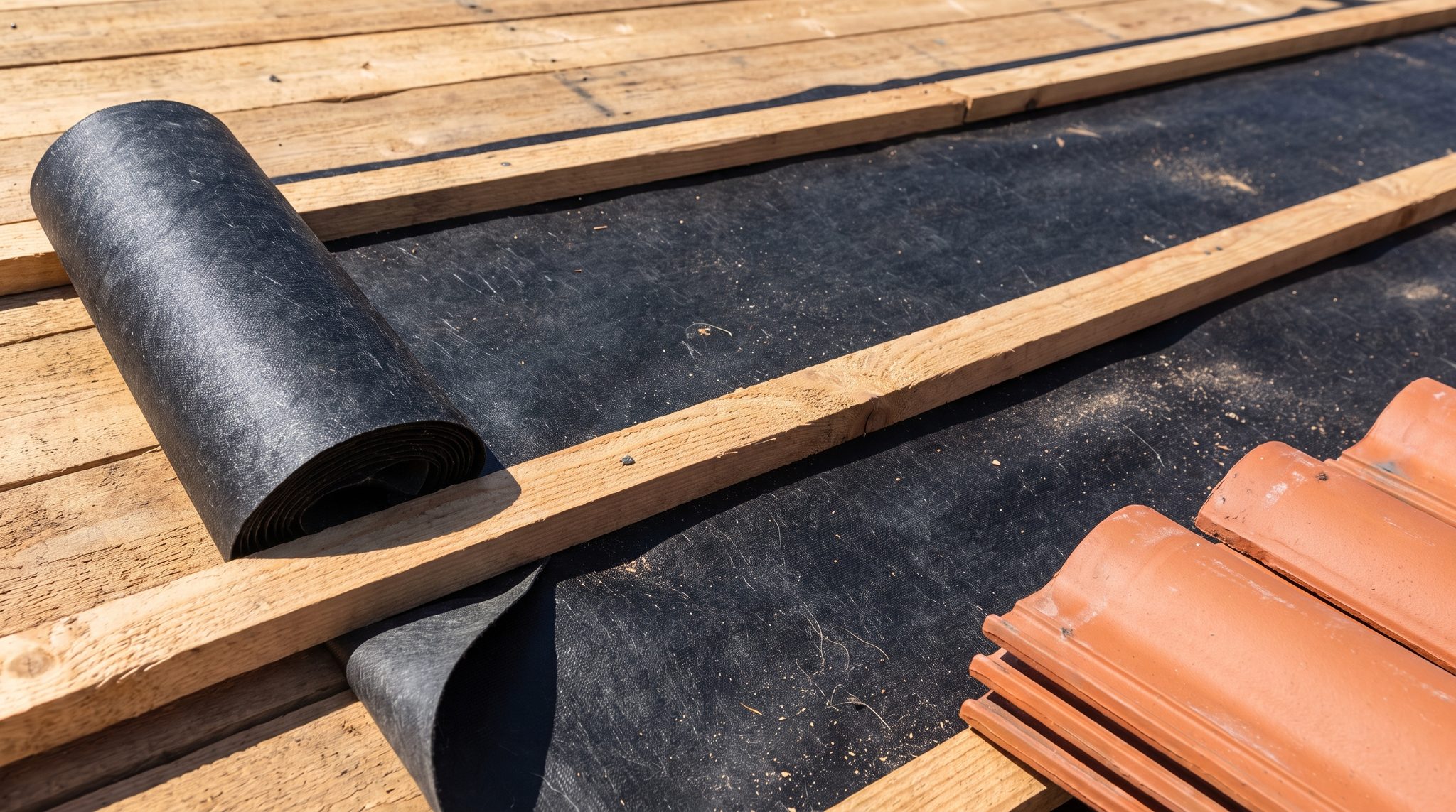 Roof deck covered in new self-adhered underlayment with stacks of concrete tile staged for installation