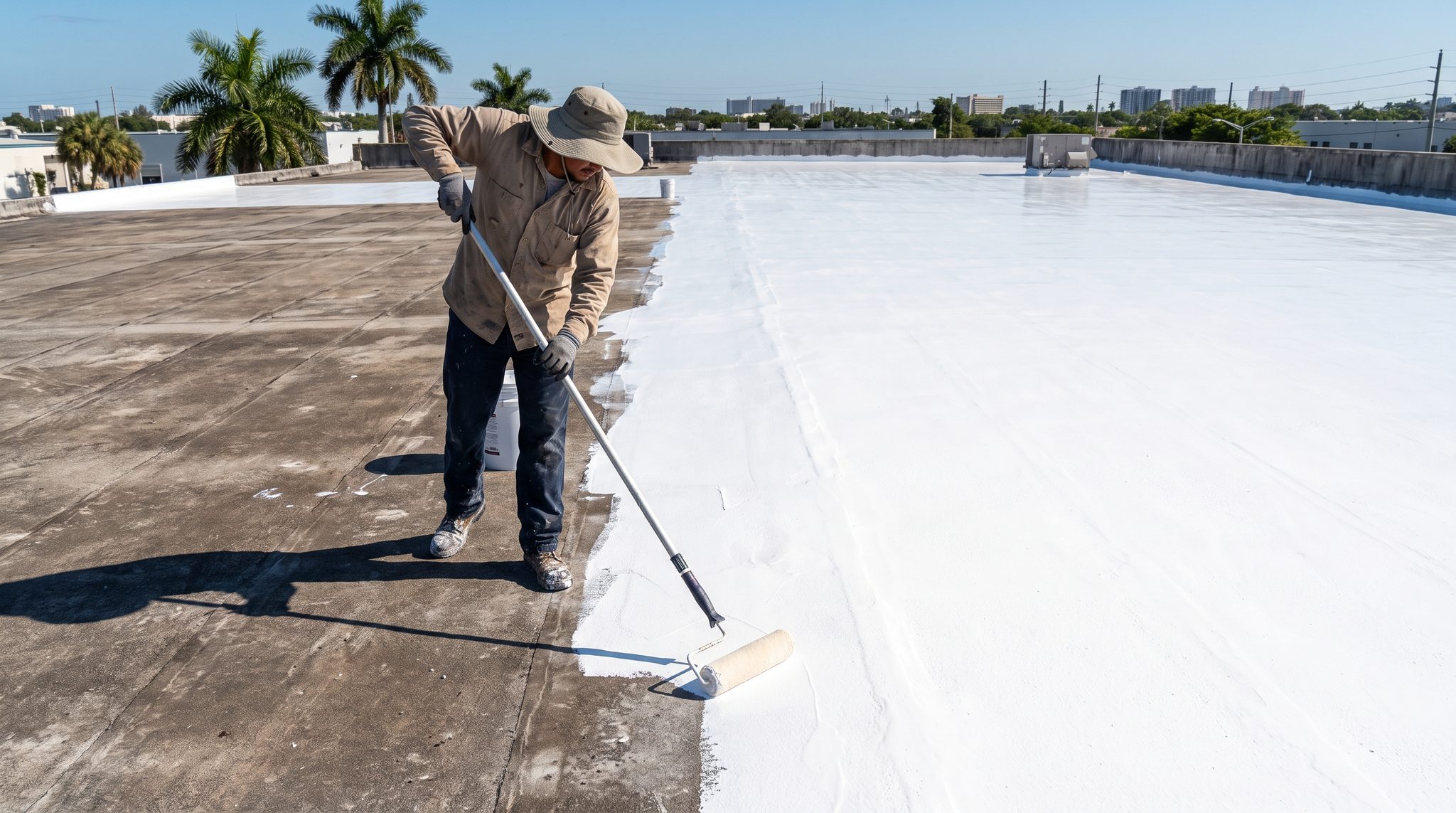 Reflective white flat roof coating being rolled onto a low-slope roof in South Florida