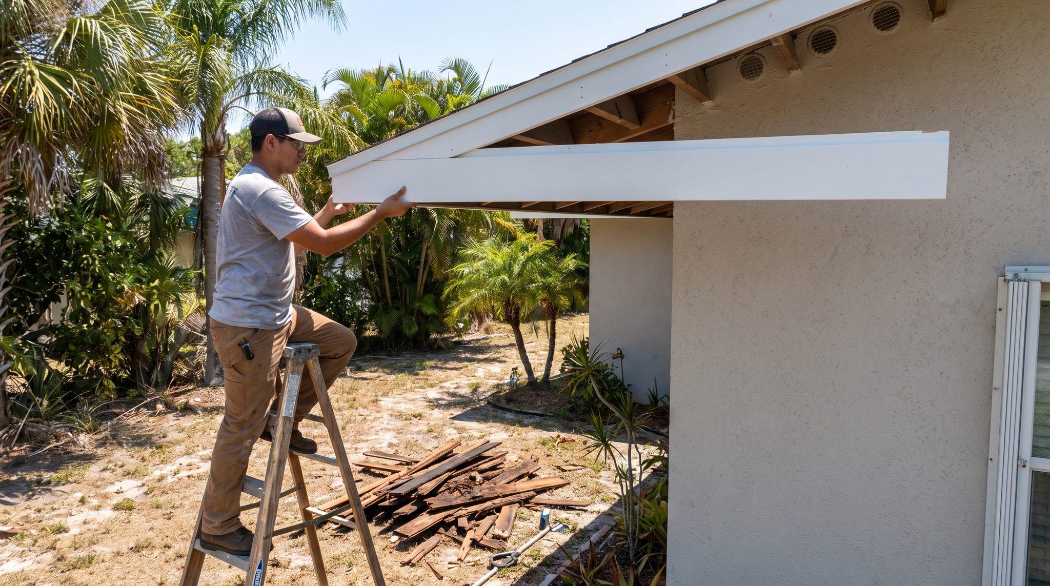 Fascia repair in progress along the roof edge of a South Florida home with new fascia board fitted