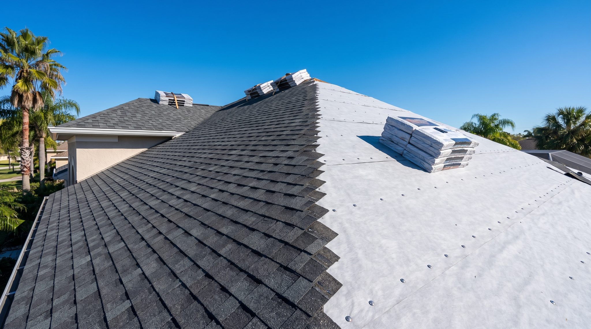 Crew installing new architectural shingles during a full shingle re-roof on a South Florida house