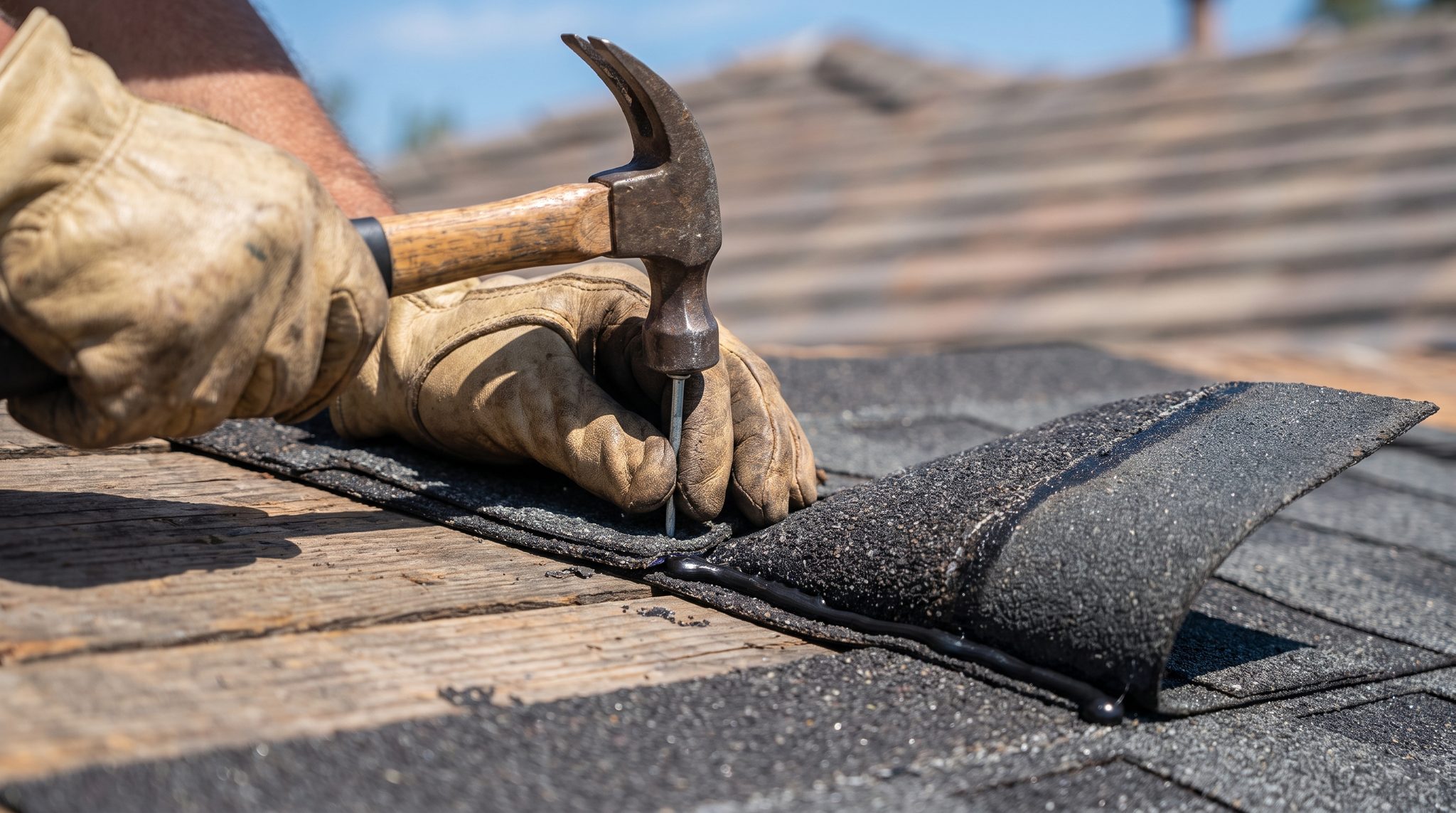 Close-up of replacement architectural shingles being nailed into a repaired course
