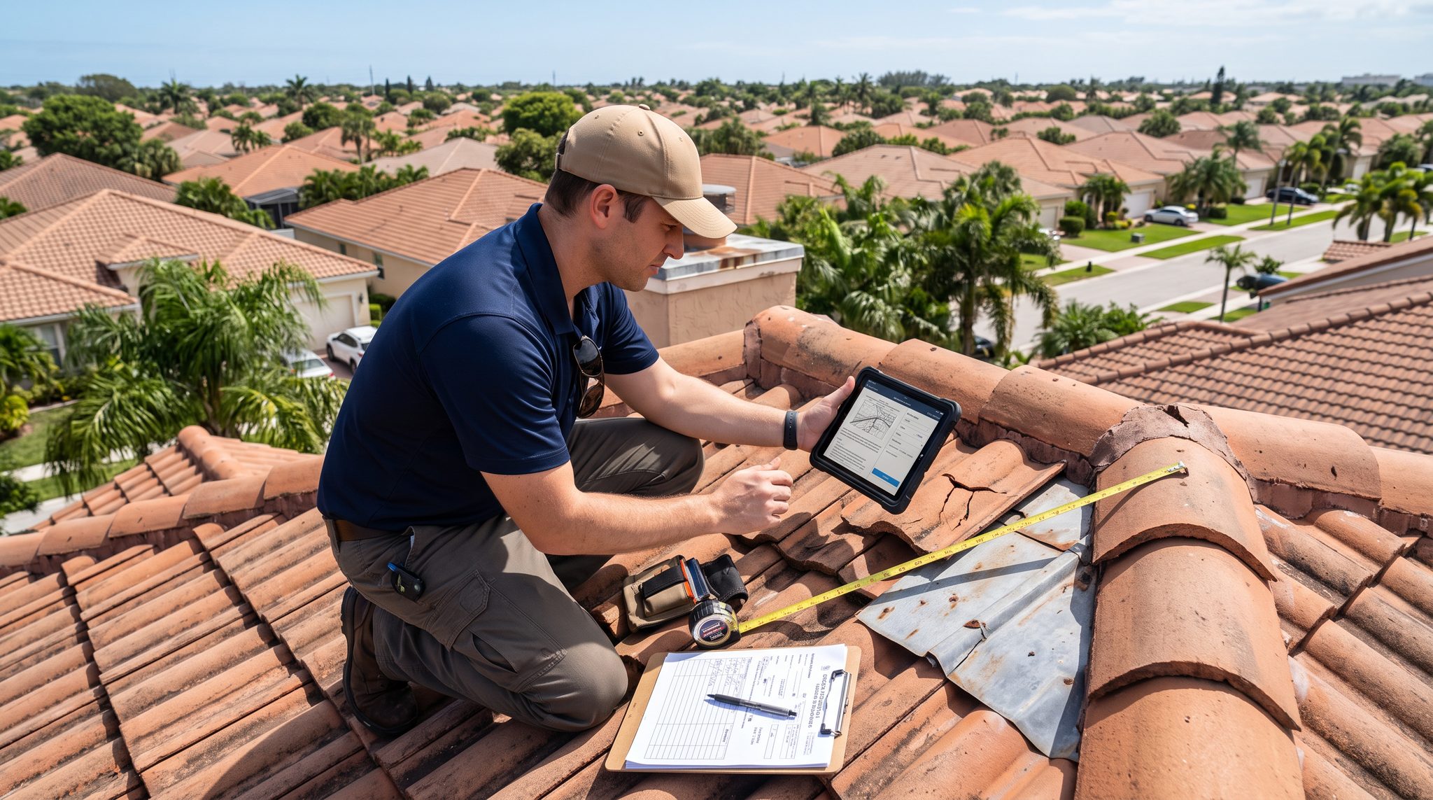 Roofing professional inspecting and photographing roof condition during a roof evaluation