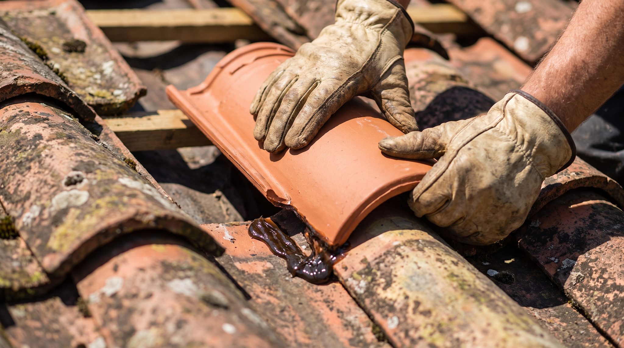 Barrel tiles lifted back to expose the underlayment during a tile roof repair