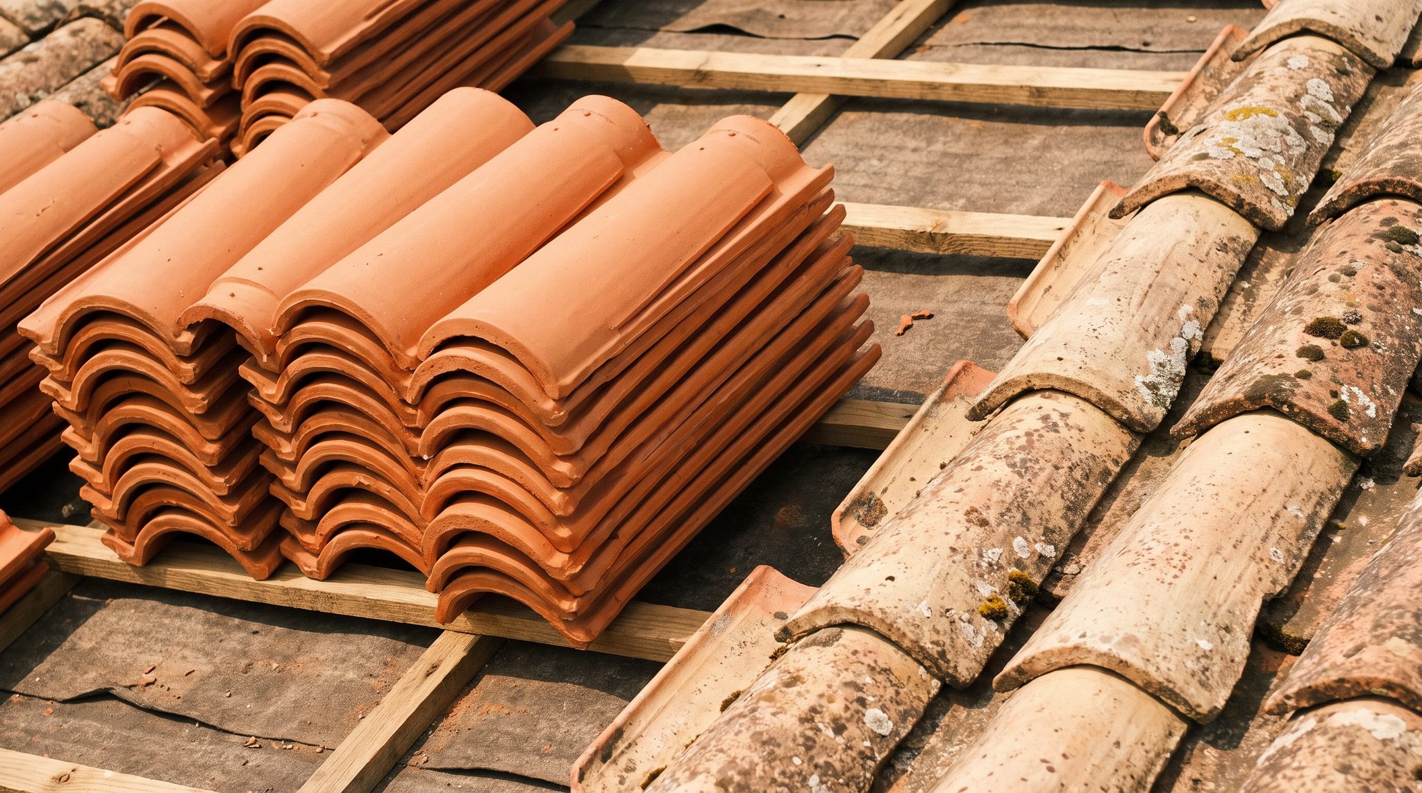 New concrete roof tiles staged in courses ready to be set during a tile replacement