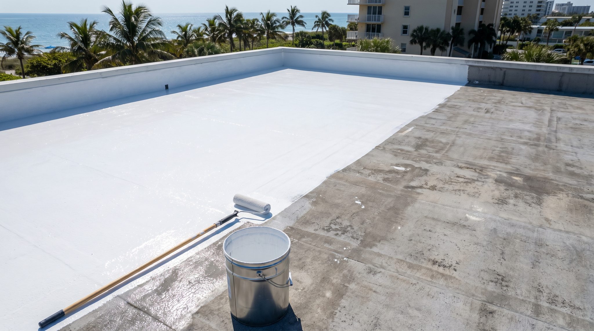 Freshly coated white reflective low-slope roof section on a Boca Raton building with parapet walls