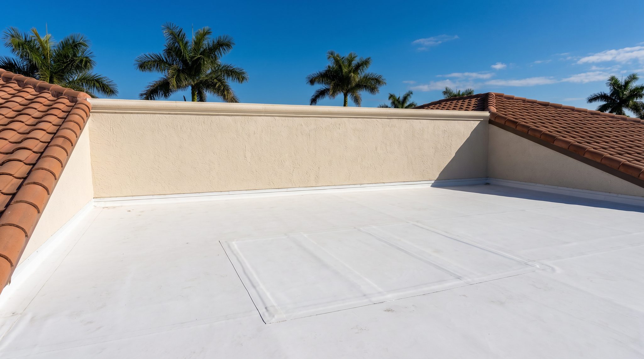 Low-slope flat roof section behind a tile parapet on a Boca Raton home, with mechanical curbs and drainage visible
