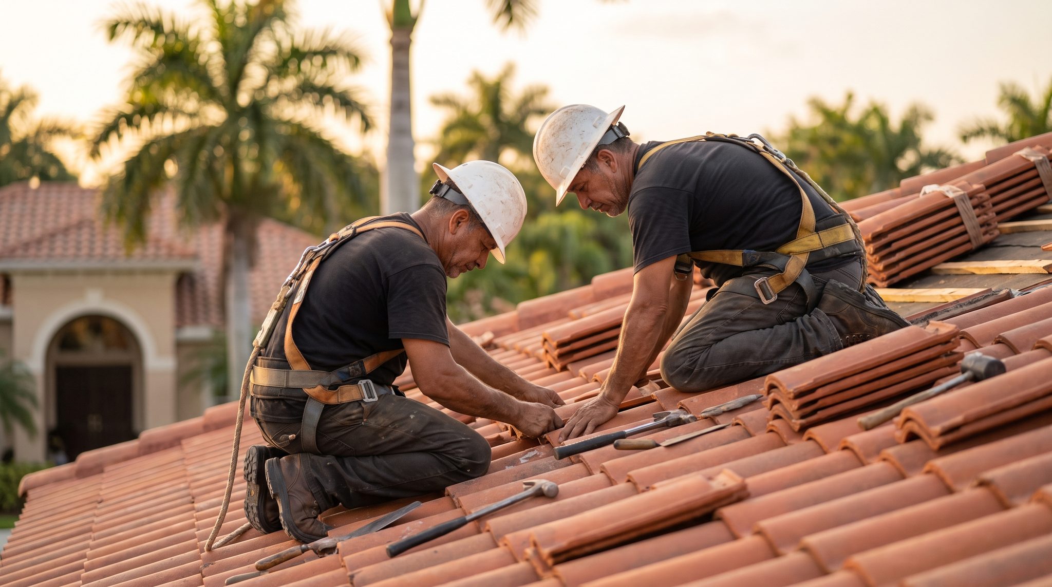 Two-man roofing crew installing terracotta barrel tile at golden hour