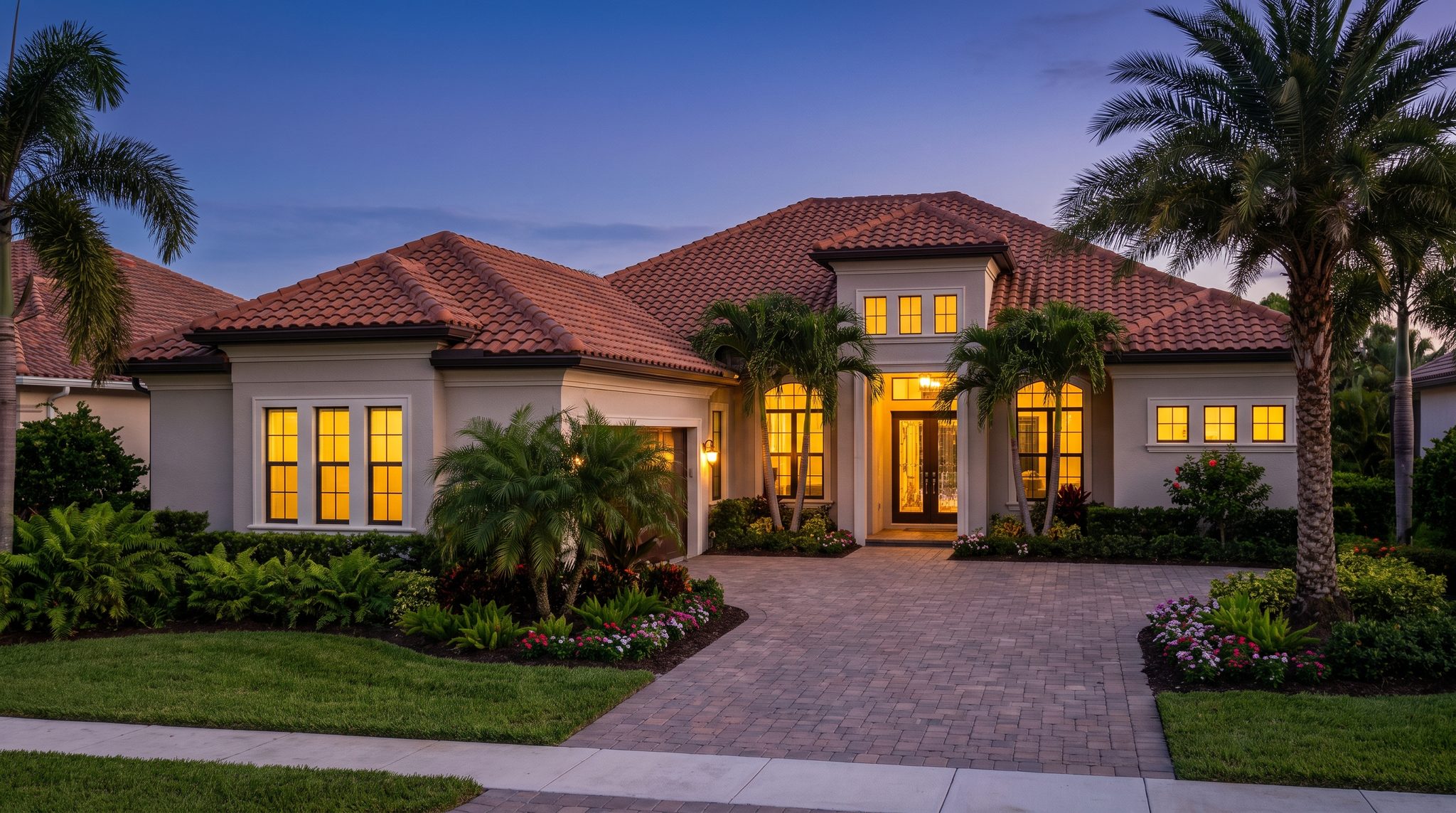 Completed luxury home at twilight with a barrel tile roof